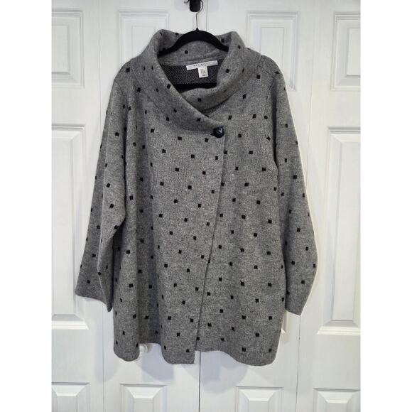 Max Studio Knit Wool Blend Gray/ Black Polka Dot Cardigan Cowl Neck Sweater 3x - Picture 1 of 8